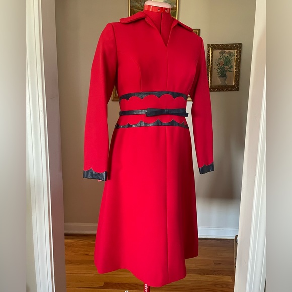 Shannon Rodgers For Jerry Silverman Vintage Red Long-sleeve Dress With Navy Trim - Picture 3 of 12
